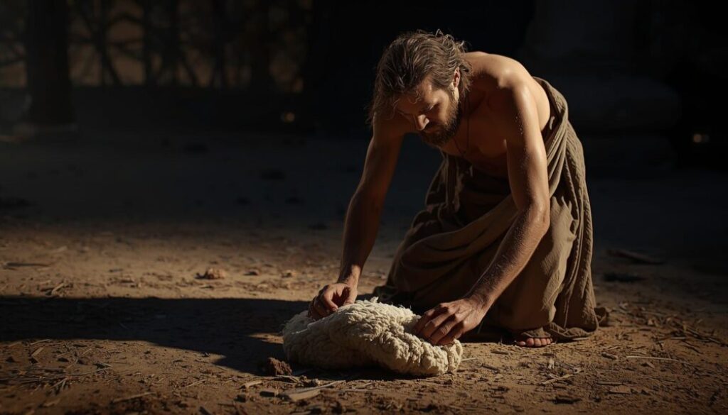Photorealistic image of the biblical Gideon putting out a fleece