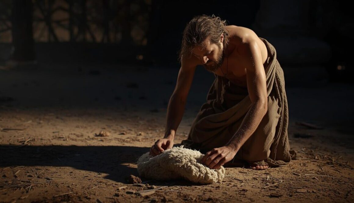 Photorealistic image of the biblical Gideon putting out a fleece